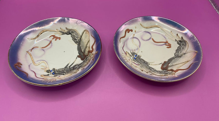 Vintage Japanese Porcelain Moriage Dragon Plate Set
