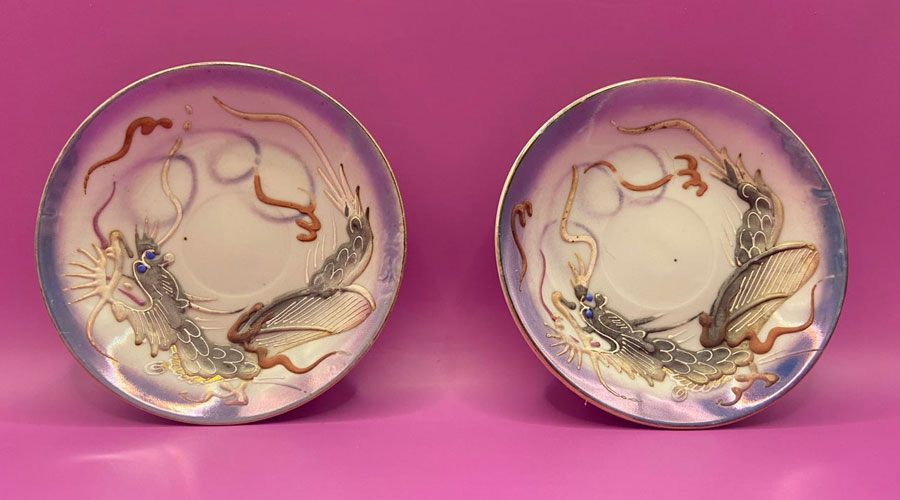 Vintage Japanese Porcelain Moriage Dragon Plate Set