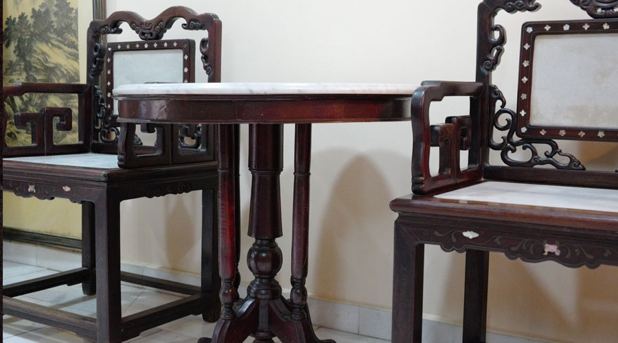 Antique Wood Marble Table and Chairs